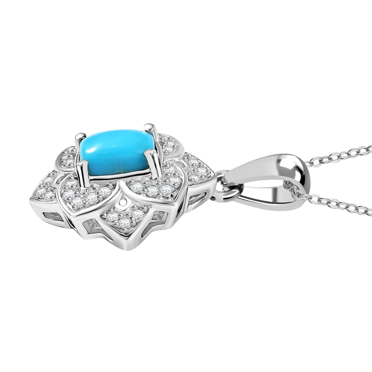 Premium Sleeping Beauty Turquoise and White Zircon 1.65 ctw Lotus Ring (Size 10.0) and Pendant Necklace 20 Inches in Rhodium Over Sterling Silver image number 8