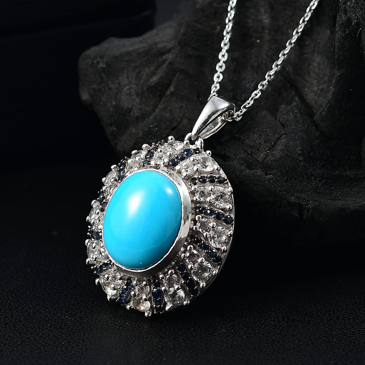 Premium Sleeping Beauty Turquoise and Multi Gemstone 6.30 ctw Midnight Oasis Pendant Necklace in Rhodium Over Sterling Silver 20 Inches image number 1