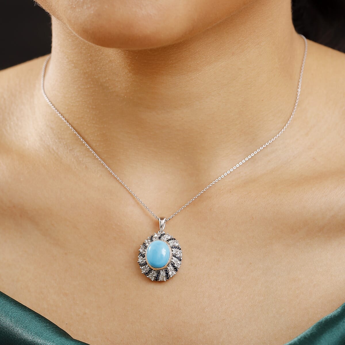 Premium Sleeping Beauty Turquoise and Multi Gemstone 6.30 ctw Midnight Oasis Pendant Necklace in Rhodium Over Sterling Silver 20 Inches image number 2