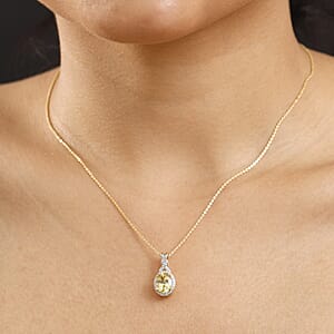 Premium Madagascar Yellow Apatite and White Zircon 2.25 ctw Halo Pendant Necklace in 18K Vermeil Yellow Gold Over Sterling Silver 20 Inches