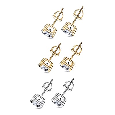 Set of 3, 14K Yellow and White Gold Luxuriant Lab Grown Diamond (G, SI1) Solitaire Stud Earrings 3.00 ctw