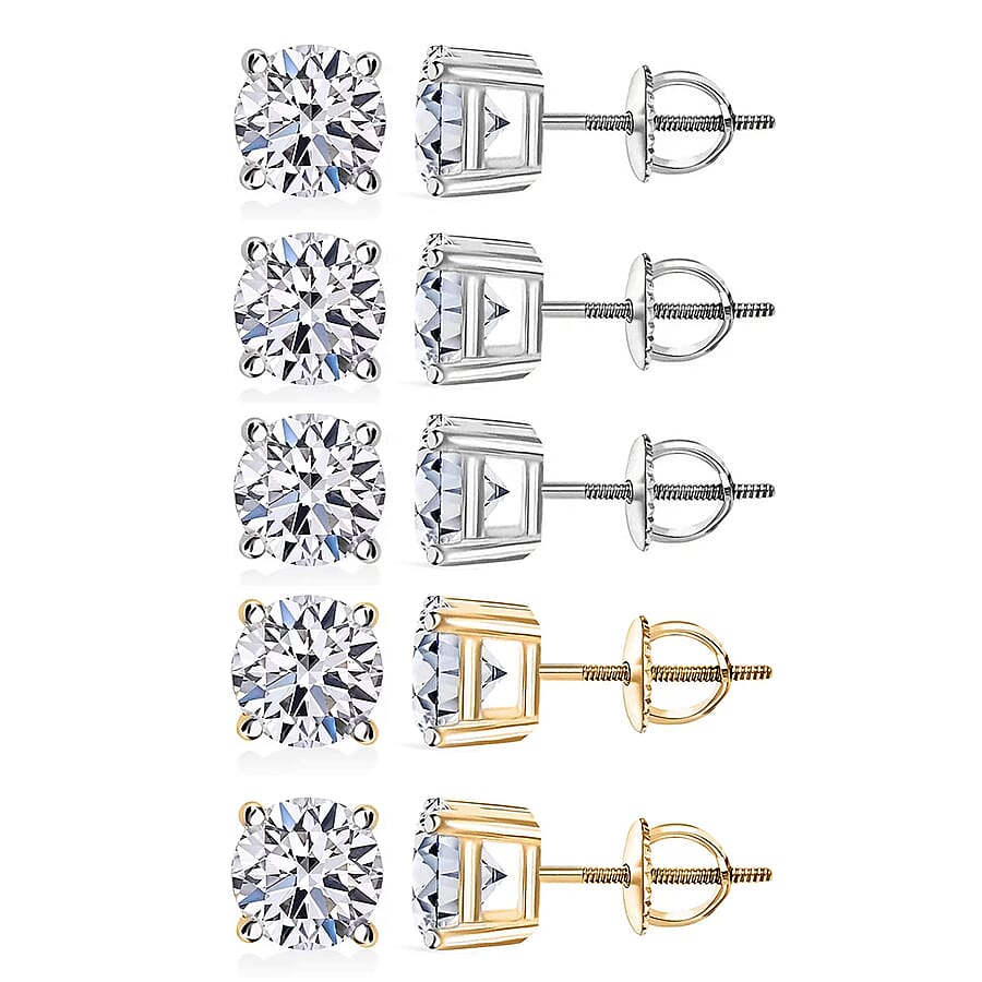 Set of 5 14K White and Yellow Gold Luxuriant Lab Grown Diamond (G, SI1) Solitaire Stud Earrings 5.00 ctw (Del. In 10-12 Days)