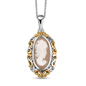 Natural Italian Conch Cameo 1.65 ctw Gilded Antiquity Pendant Necklace in 18K Vermeil YG and Rhodium Over Sterling Silver 20 Inches