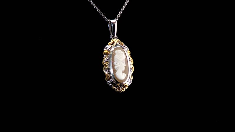 D'Joy Natural Italian Conch Cameo 1.65 ctw Gilded Antiquity Pendant Necklace in 18K Vermeil YG and Rhodium Over Sterling Silver 20 Inches