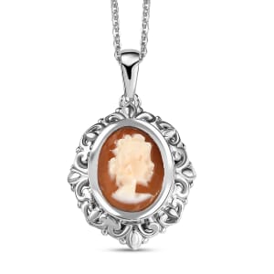 D'Joy Natural Italian Conch Cameo 1.30 ctw Timeless Love Pendant Necklace in Rhodium Over Sterling Silver 20 Inches