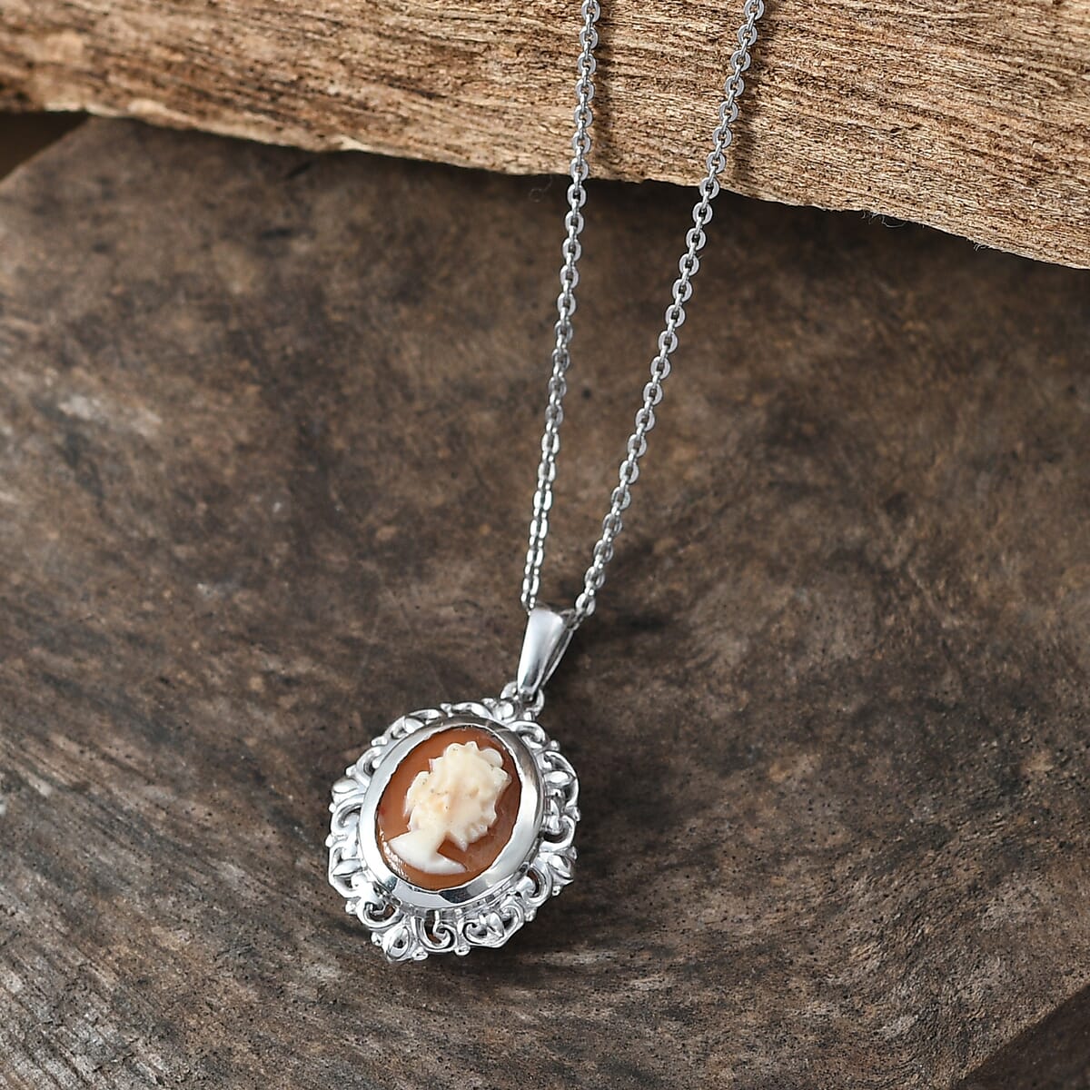 D'Joy Natural Italian Conch Cameo 1.30 ctw Timeless Love Pendant Necklace in Rhodium Over Sterling Silver 20 Inches image number 1