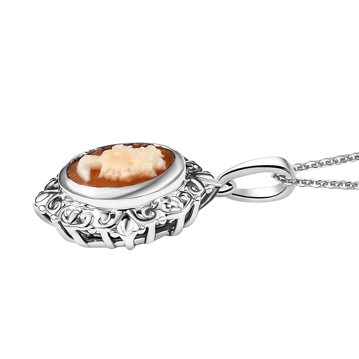D'Joy Natural Italian Conch Cameo 1.30 ctw Timeless Love Pendant Necklace in Rhodium Over Sterling Silver 20 Inches image number 3