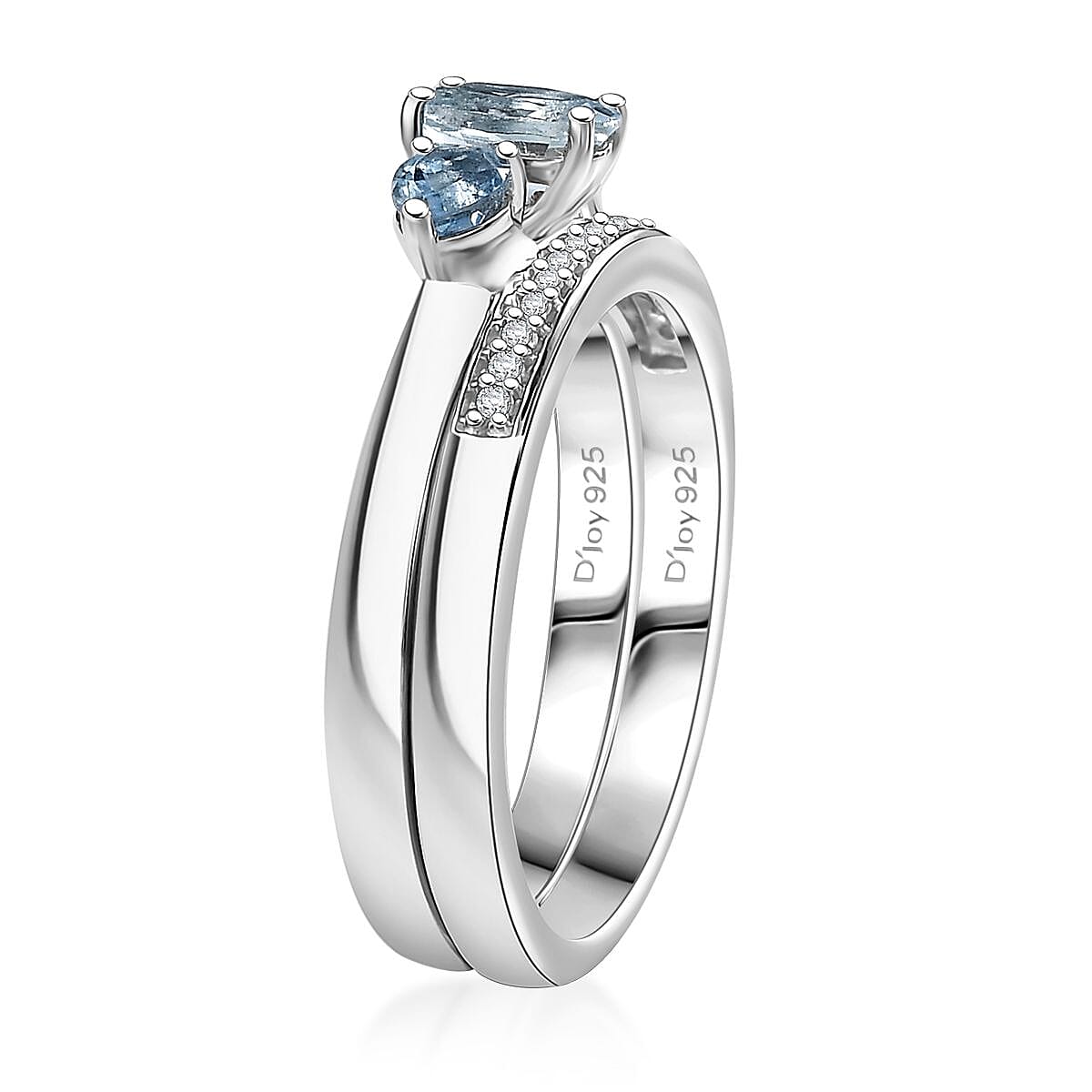 Set of 2 Santa Maria Aquamarine and White Zircon 1.00 ctw Celestial Trio Ring in Rhodium Over Sterling Silver (Size 5.0)