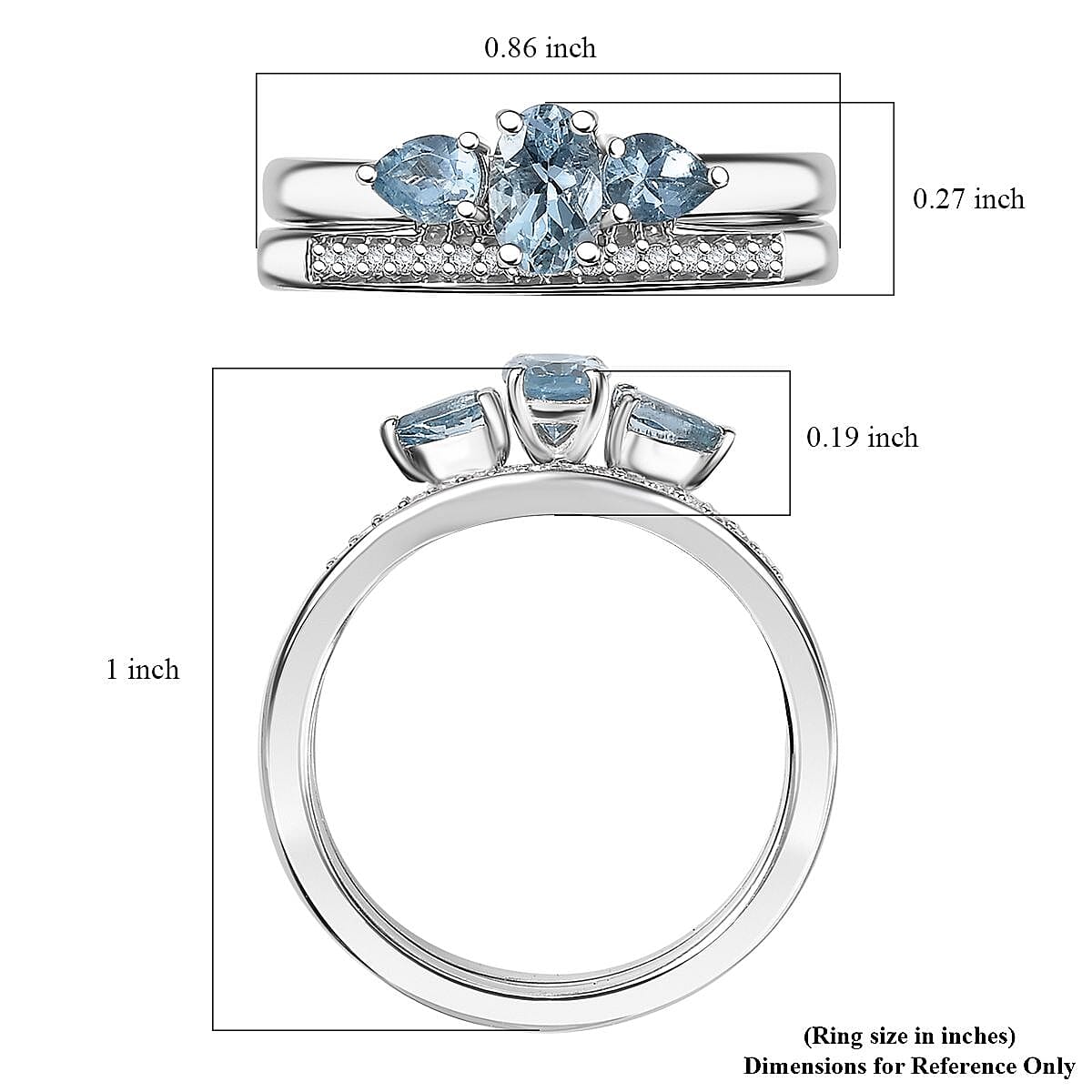 Set of 2 Santa Maria Aquamarine and White Zircon 1.00 ctw Celestial Trio Ring in Rhodium Over Sterling Silver (Size 5.0)