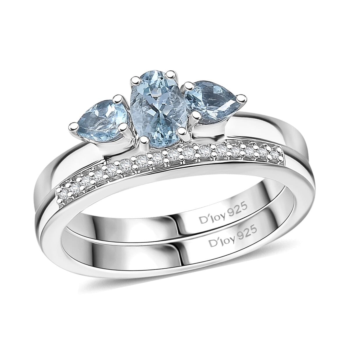 Set of 2 Santa Maria Aquamarine and White Zircon 1.00 ctw Celestial Trio Ring in Rhodium Over Sterling Silver (Size 9.0) image number 0
