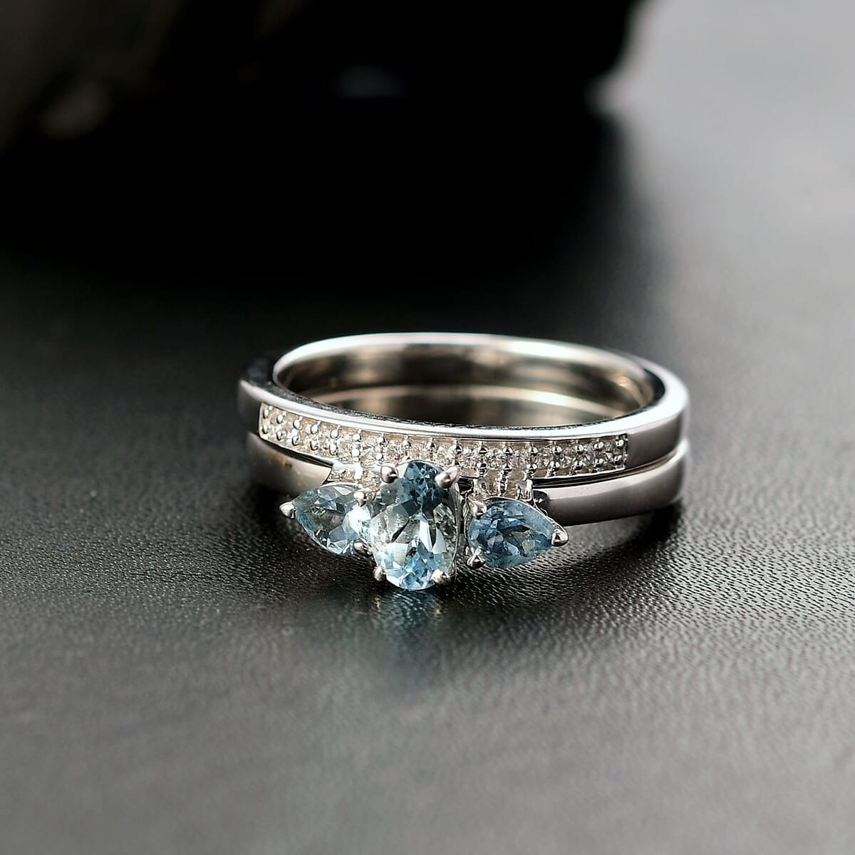 Set of 2 Santa Maria Aquamarine and White Zircon 1.00 ctw Celestial Trio Ring in Rhodium Over Sterling Silver (Size 9.0) image number 1
