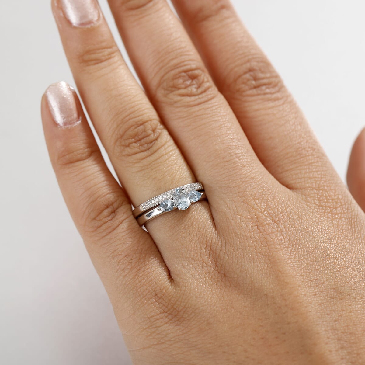 Set of 2 Santa Maria Aquamarine and White Zircon 1.00 ctw Celestial Trio Ring in Rhodium Over Sterling Silver (Size 9.0) image number 2
