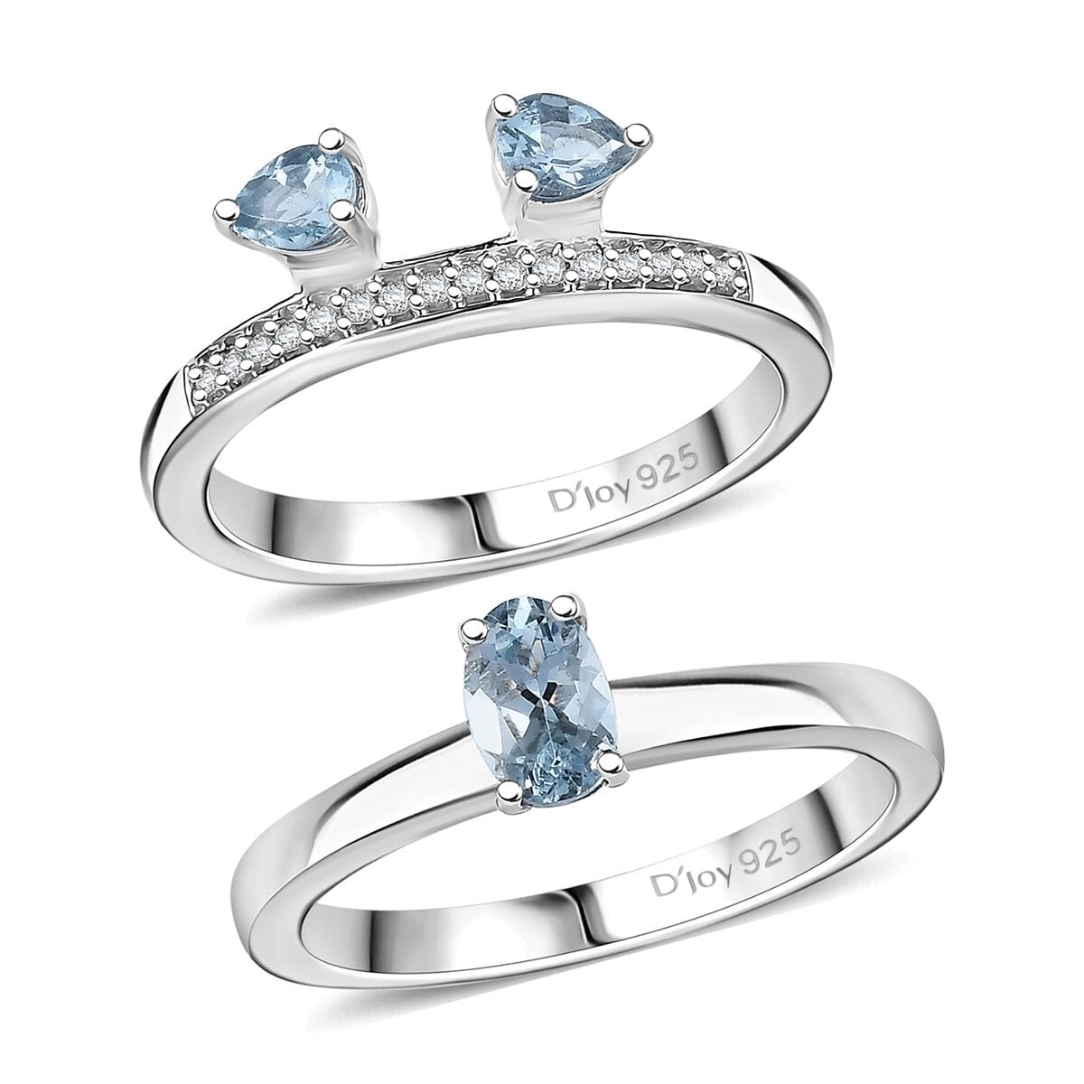 Set of 2 Santa Maria Aquamarine and White Zircon 1.00 ctw Celestial Trio Ring in Rhodium Over Sterling Silver (Size 9.0) image number 3