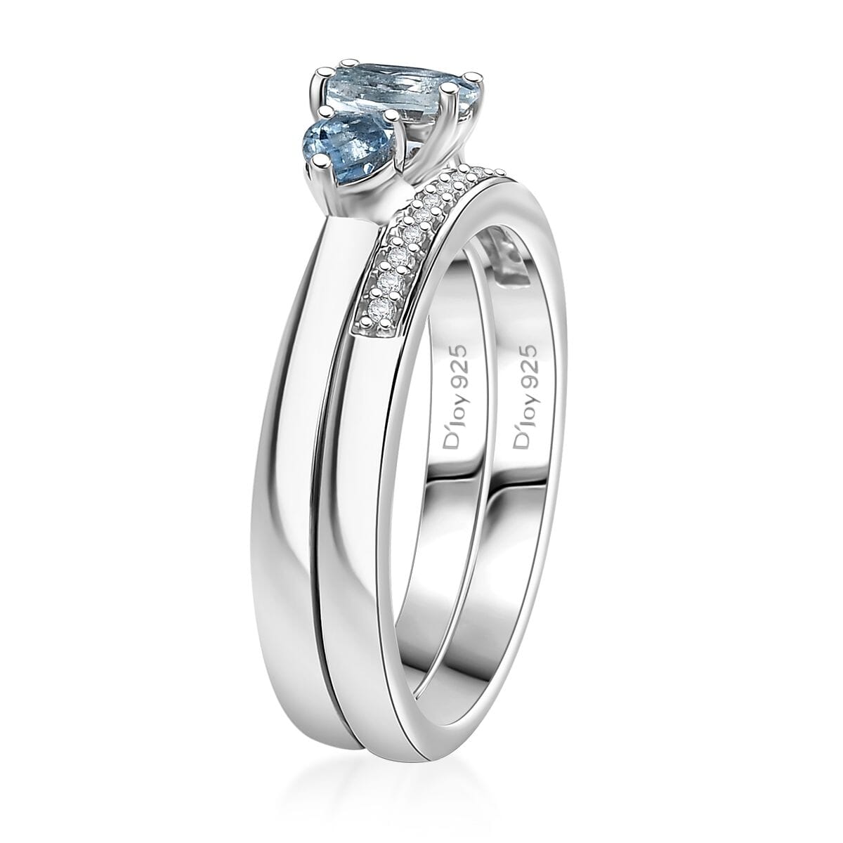 Set of 2 Santa Maria Aquamarine and White Zircon 1.00 ctw Celestial Trio Ring in Rhodium Over Sterling Silver (Size 9.0) image number 4