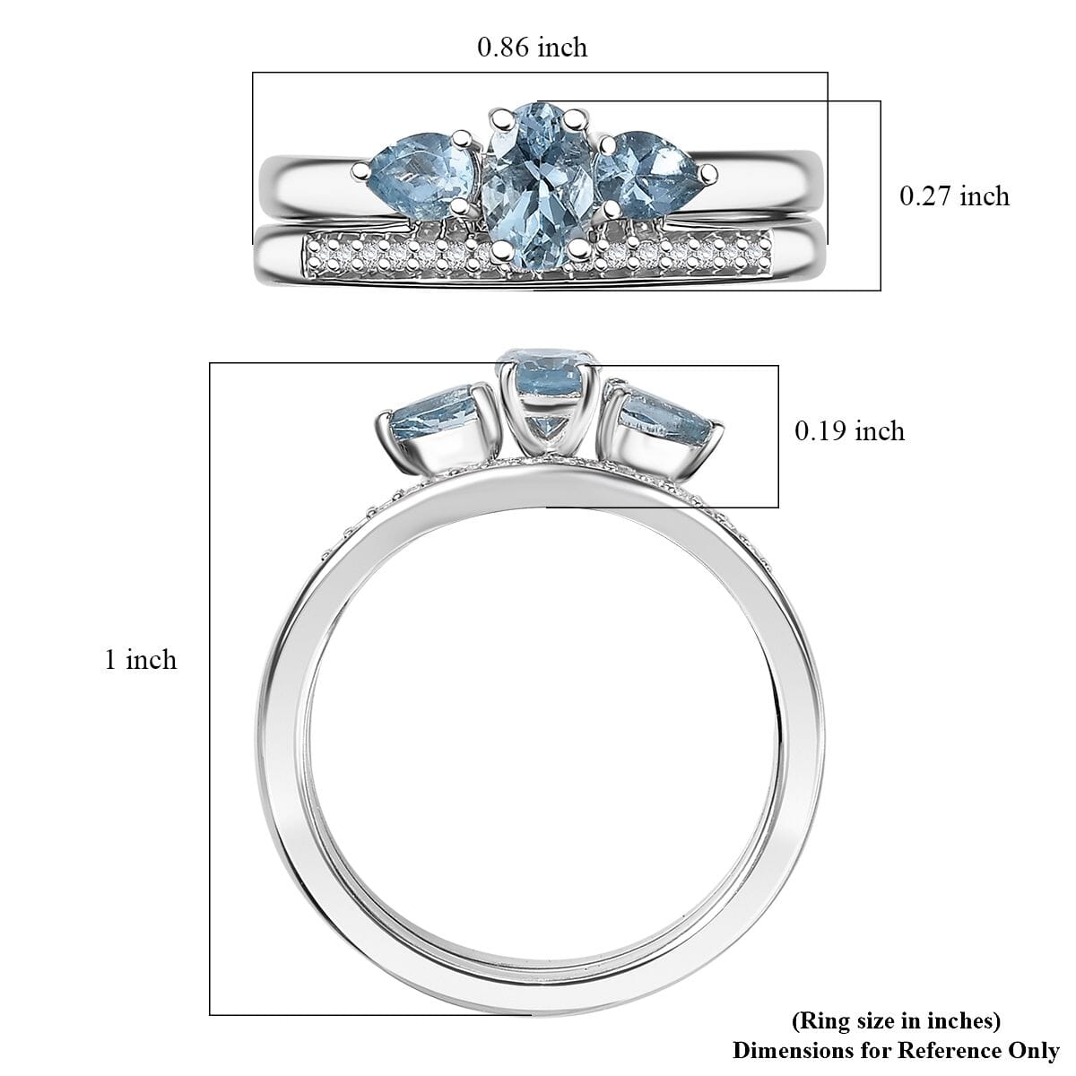 Set of 2 Santa Maria Aquamarine and White Zircon 1.00 ctw Celestial Trio Ring in Rhodium Over Sterling Silver (Size 9.0) image number 6