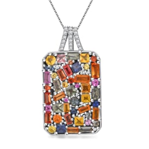 Multi Sapphire and White Zircon 5.90 ctw Pendant Necklace in Rhodium Over Sterling Silver 20 Inches