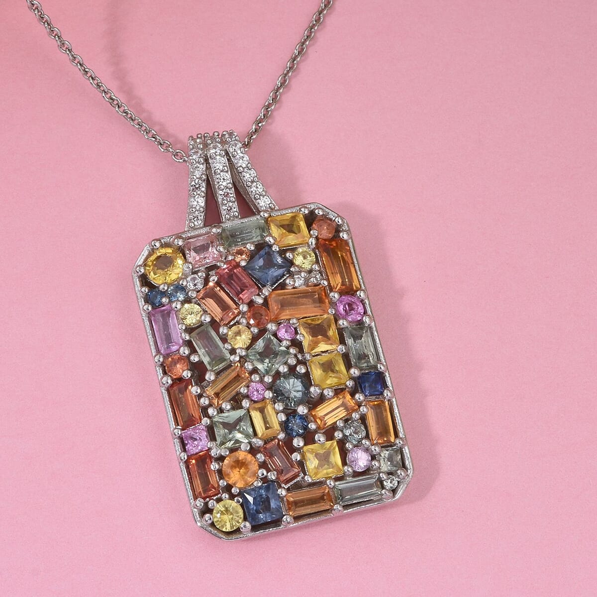 Multi Sapphire, White Zircon Pendant Necklace (20 Inches) in Rhodium Over Sterling Silver 5.90 ctw image number 1