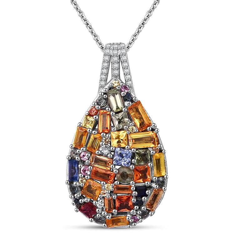 Multi Sapphire and White Zircon 5.25 ctw Pendant Necklace in Rhodium Over Sterling Silver 20 Inches