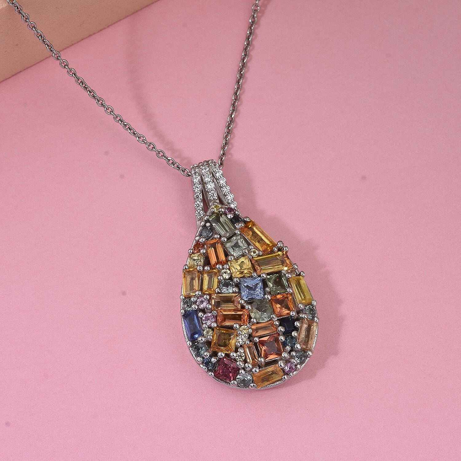Multi Sapphire, White Zircon Pendant Necklace (20 Inches) in Rhodium Over Sterling Silver 5.90 ctw