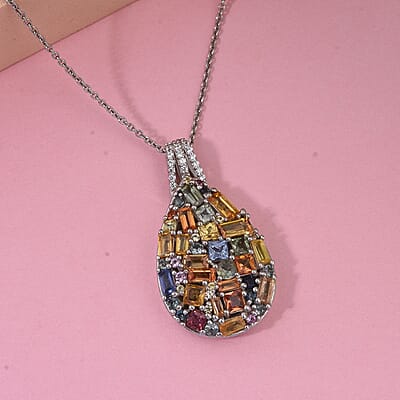Multi Sapphire and White Zircon 5.25 ctw Pendant Necklace in Rhodium Over Sterling Silver 20 Inches