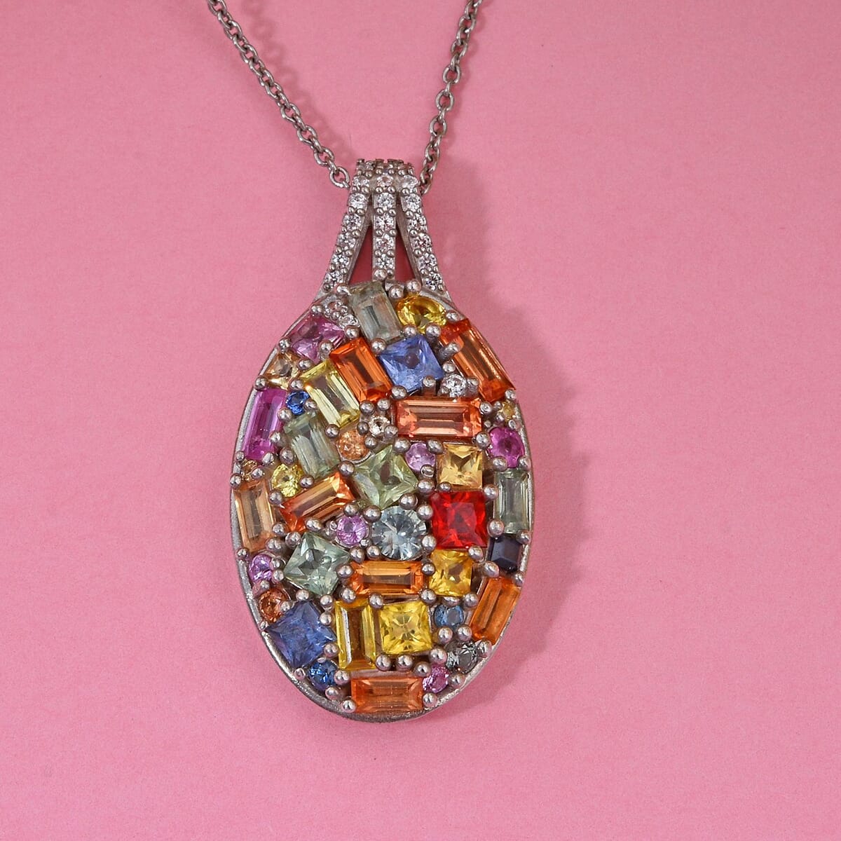 Multi Sapphire and White Zircon 5.25 ctw Pendant Necklace in Rhodium Over Sterling Silver 20 Inches image number 1