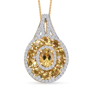 Brazilian Heliodor and White Zircon 3.25 ctw Royal Halo Pendant Necklace in 18K Vermeil Yellow Gold Over Sterling Silver 20 Inches