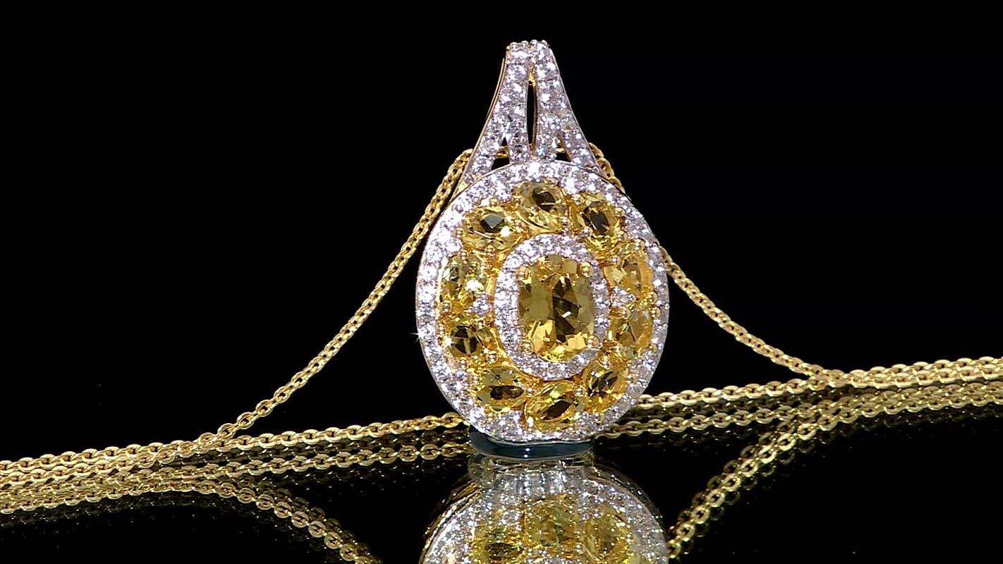 Brazilian Heliodor and White Zircon 3.25 ctw Royal Halo Pendant Necklace in 18K Vermeil Yellow Gold Over Sterling Silver 20 Inches