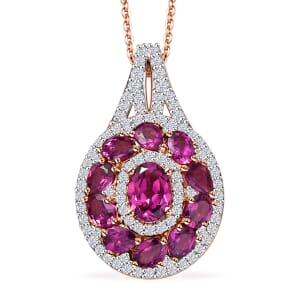 Radiant Ember Garnet and White Zircon 4.00 ctw Royal Halo Pendant Necklace in 18K Vermeil Rose Gold Over Sterling Silver 20 Inches