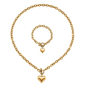 Heart Charm Cable Chain Necklace 24 Inches and Bracelet (8.0In) in ION Plated YG Stainless Steel