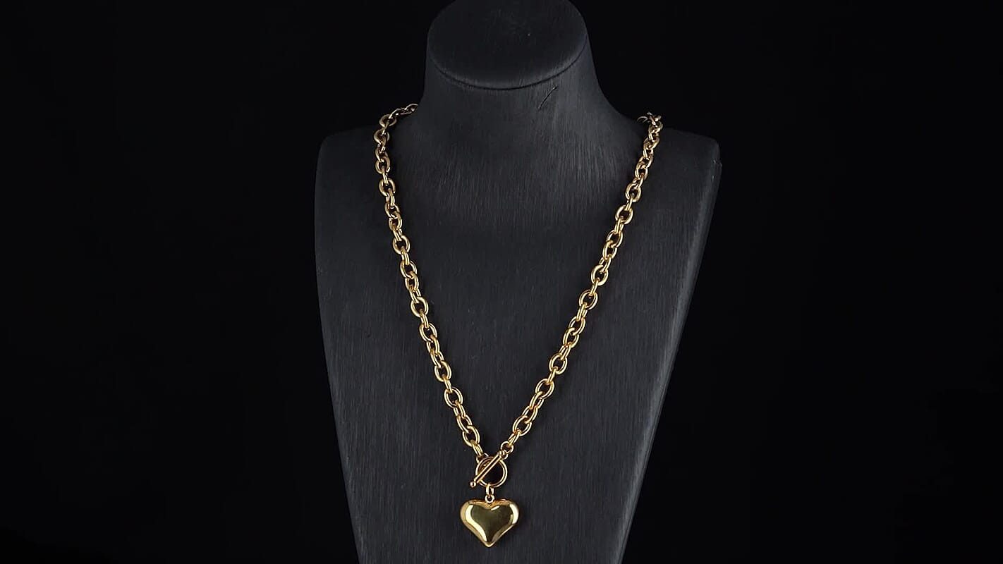 Heart Charm Cable Chain Necklace (24 Inches) and Bracelet (8.0In) in ION Plated YG Stainless Steel