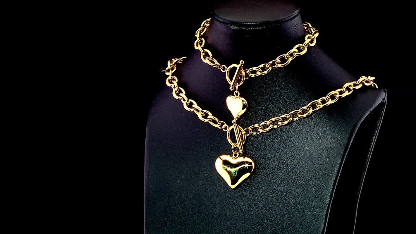 Heart Charm Cable Chain Necklace (24 Inches) and Bracelet (8.0In) in ION Plated YG Stainless Steel