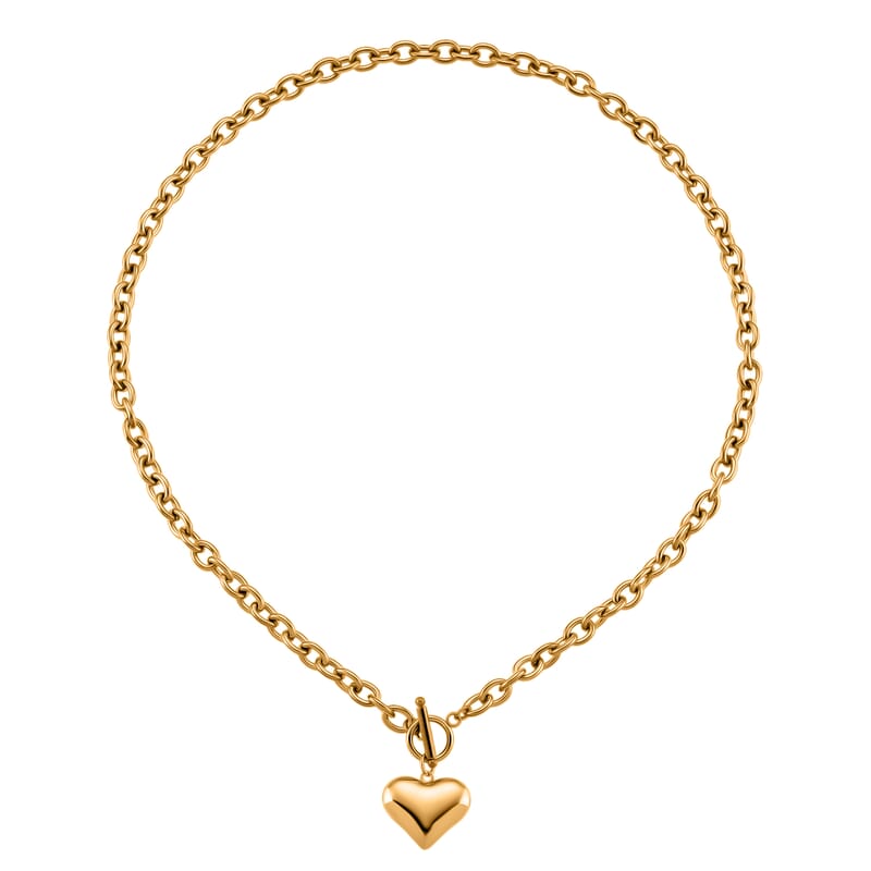 Heart Charm Cable Chain Necklace 24 Inches and Bracelet (8.0In) in ION Plated YG Stainless Steel