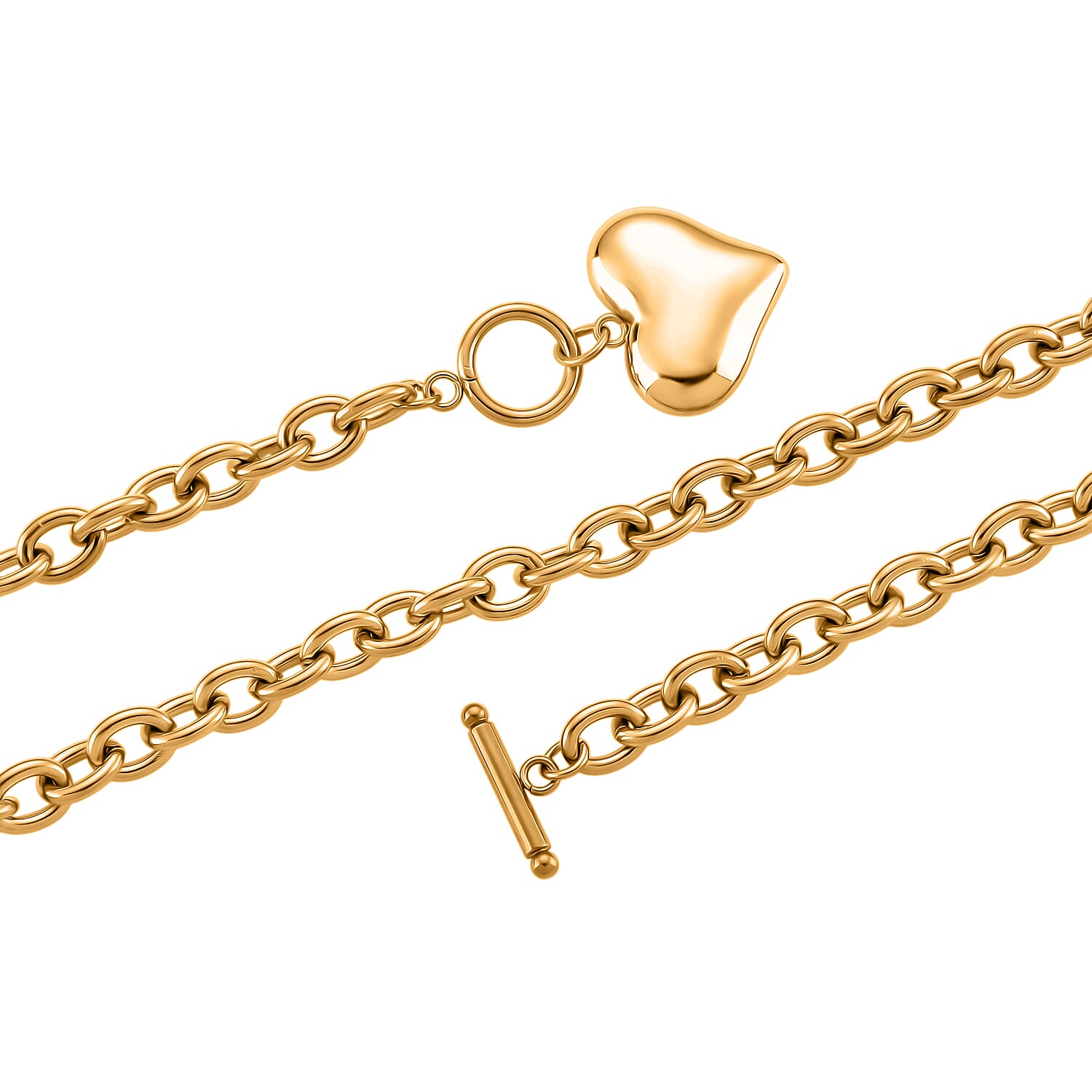 Heart Charm Cable Chain Necklace 24 Inches and Bracelet (8.0In) in ION Plated YG Stainless Steel