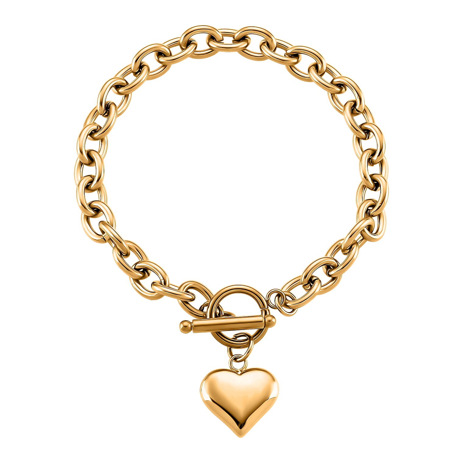 Heart Charm Cable Chain Necklace 24 Inches and Bracelet (8.0In) in ION Plated YG Stainless Steel