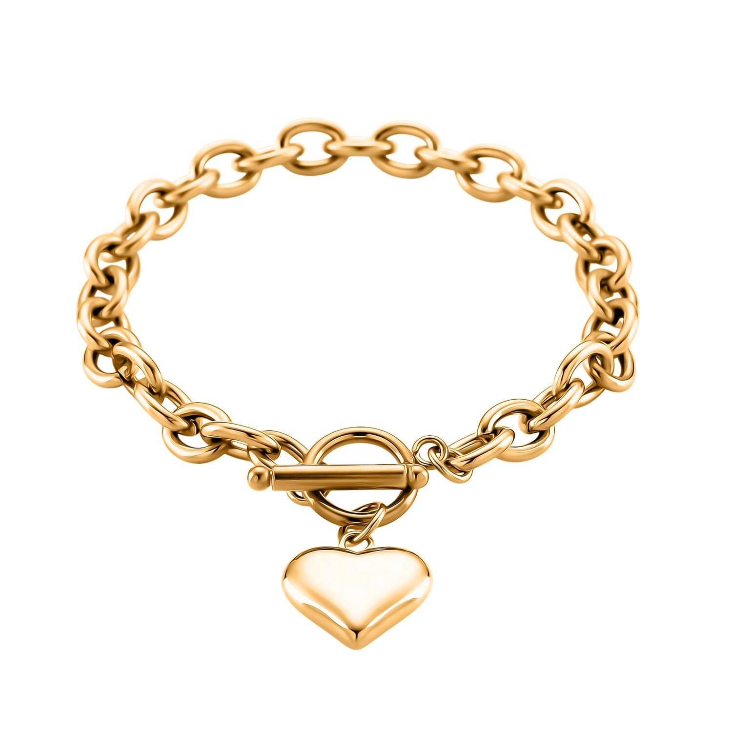 Heart Charm Cable Chain Necklace 24 Inches and Bracelet (8.0In) in ION Plated YG Stainless Steel