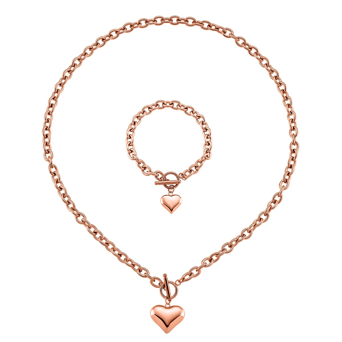 Heart Charm Cable Chain Necklace 24 Inches and Bracelet (8.0In) in ION Plated RG Stainless Steel image number 0