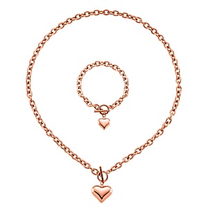 Heart Charm Cable Chain Necklace 24 Inches and Bracelet (8.0In) in ION Plated RG Stainless Steel