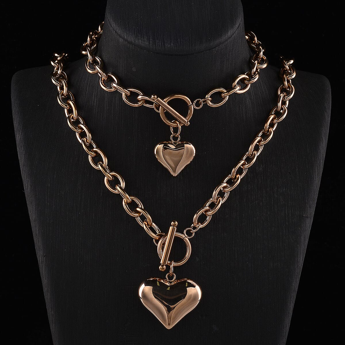 Heart Charm Cable Chain Necklace 24 Inches and Bracelet (8.0In) in ION Plated RG Stainless Steel image number 1