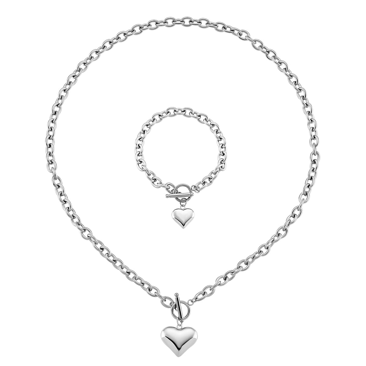Heart Charm Cable Chain Necklace 24 Inches and Bracelet (8.0In) in Stainless Steel image number 0