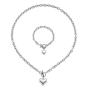 Heart Charm Cable Chain Necklace 24 Inches and Bracelet (8.0In) in Stainless Steel