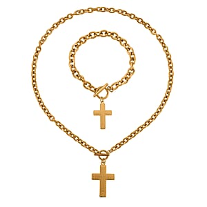 Cross Charm Cable Chain Necklace 24 Inches and Bracelet (8.0In) in ION Plated YG Stainless Steel