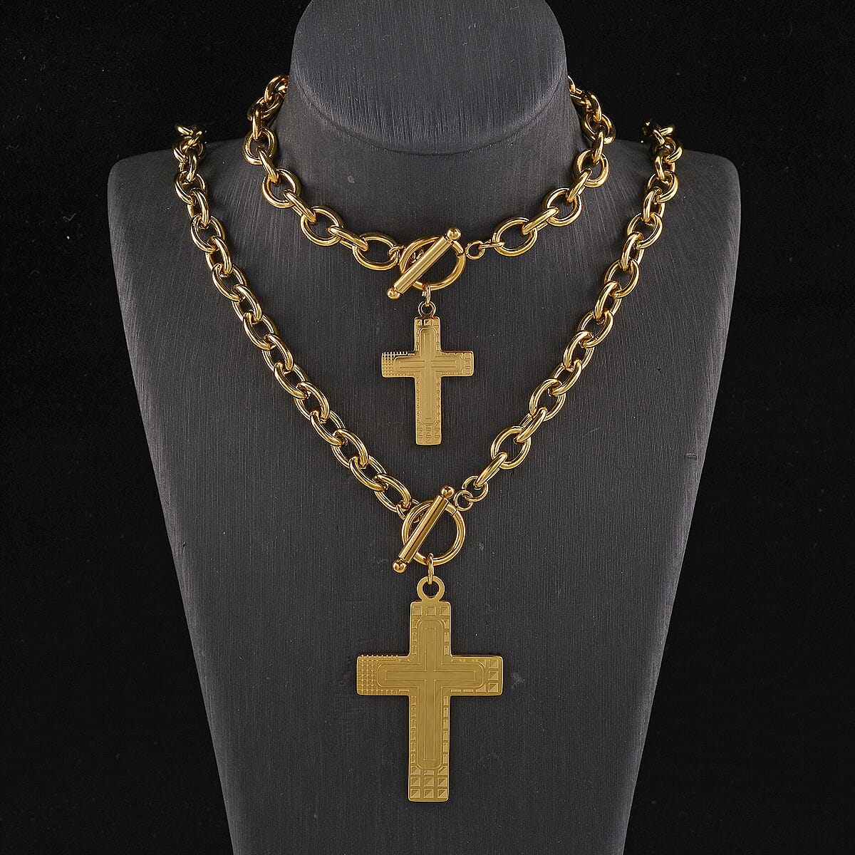 Cross Charm Cable Chain Necklace 24 Inches and Bracelet (8.0In) in ION Plated YG Stainless Steel image number 1