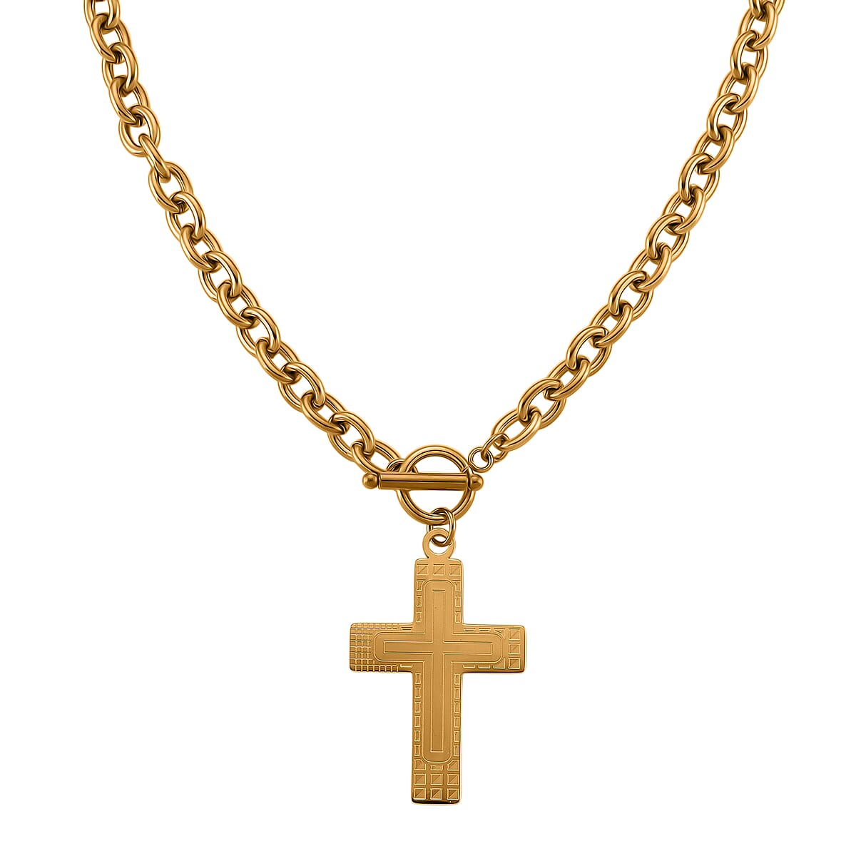 Cross Charm Cable Chain Necklace 24 Inches and Bracelet (8.0In) in ION Plated YG Stainless Steel image number 3