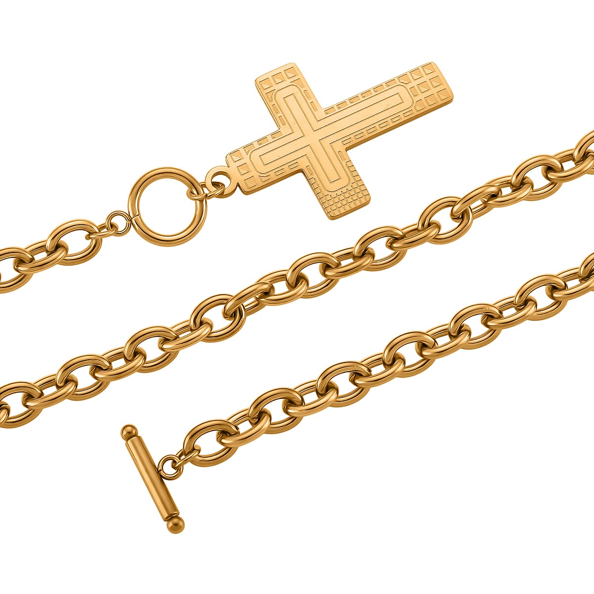 Cross Charm Cable Chain Necklace 24 Inches and Bracelet (8.0In) in ION Plated YG Stainless Steel image number 4