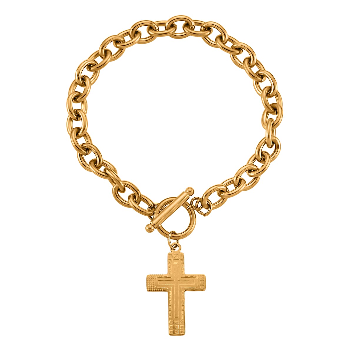 Cross Charm Cable Chain Necklace 24 Inches and Bracelet (8.0In) in ION Plated YG Stainless Steel image number 5