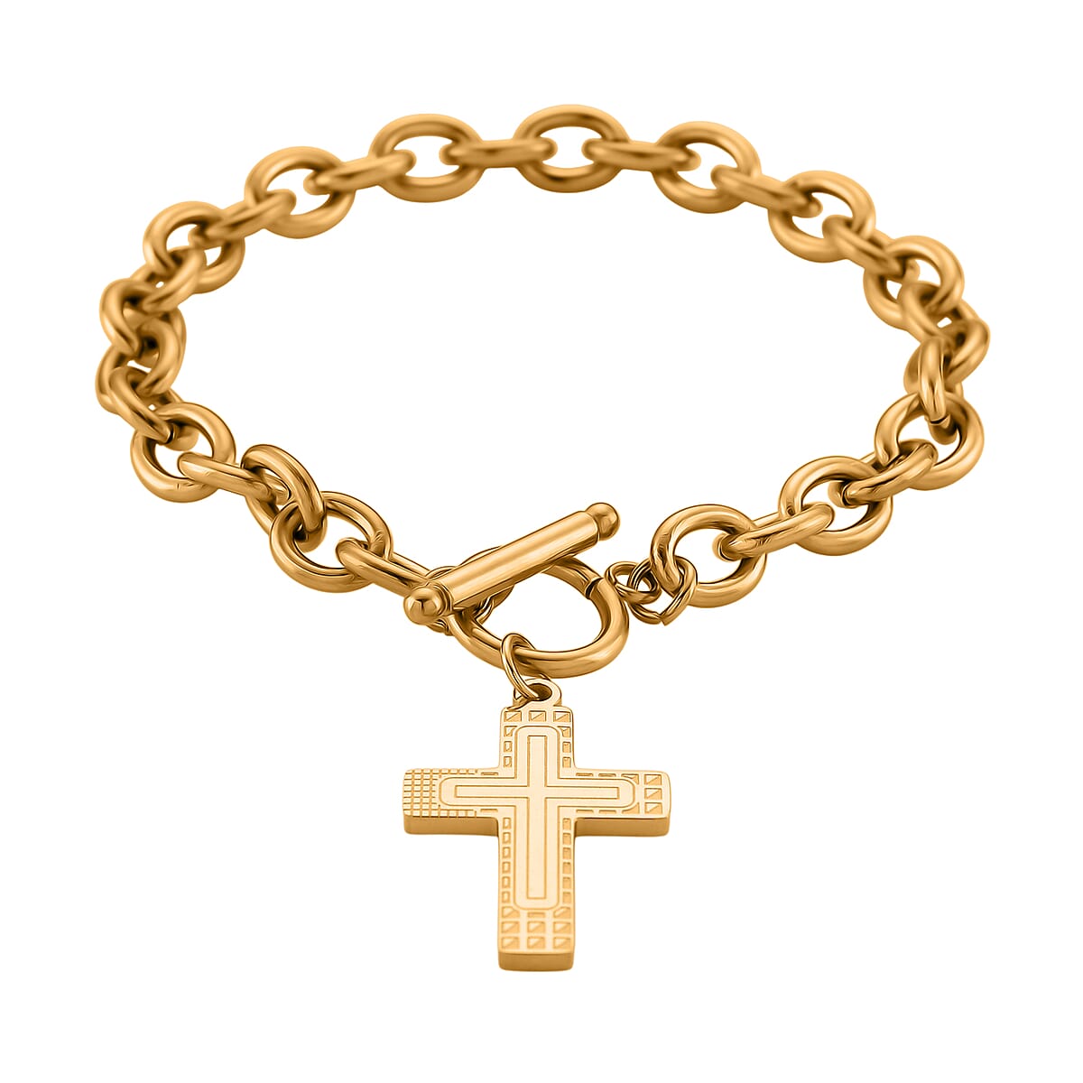 Cross Charm Cable Chain Necklace 24 Inches and Bracelet (8.0In) in ION Plated YG Stainless Steel image number 6