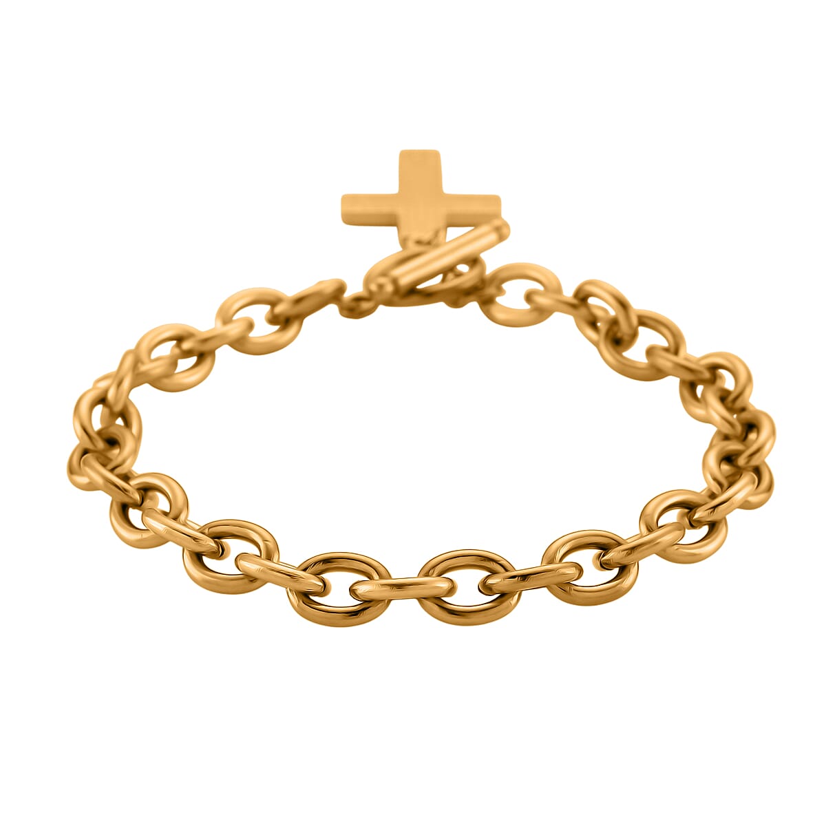 Cross Charm Cable Chain Necklace 24 Inches and Bracelet (8.0In) in ION Plated YG Stainless Steel image number 7