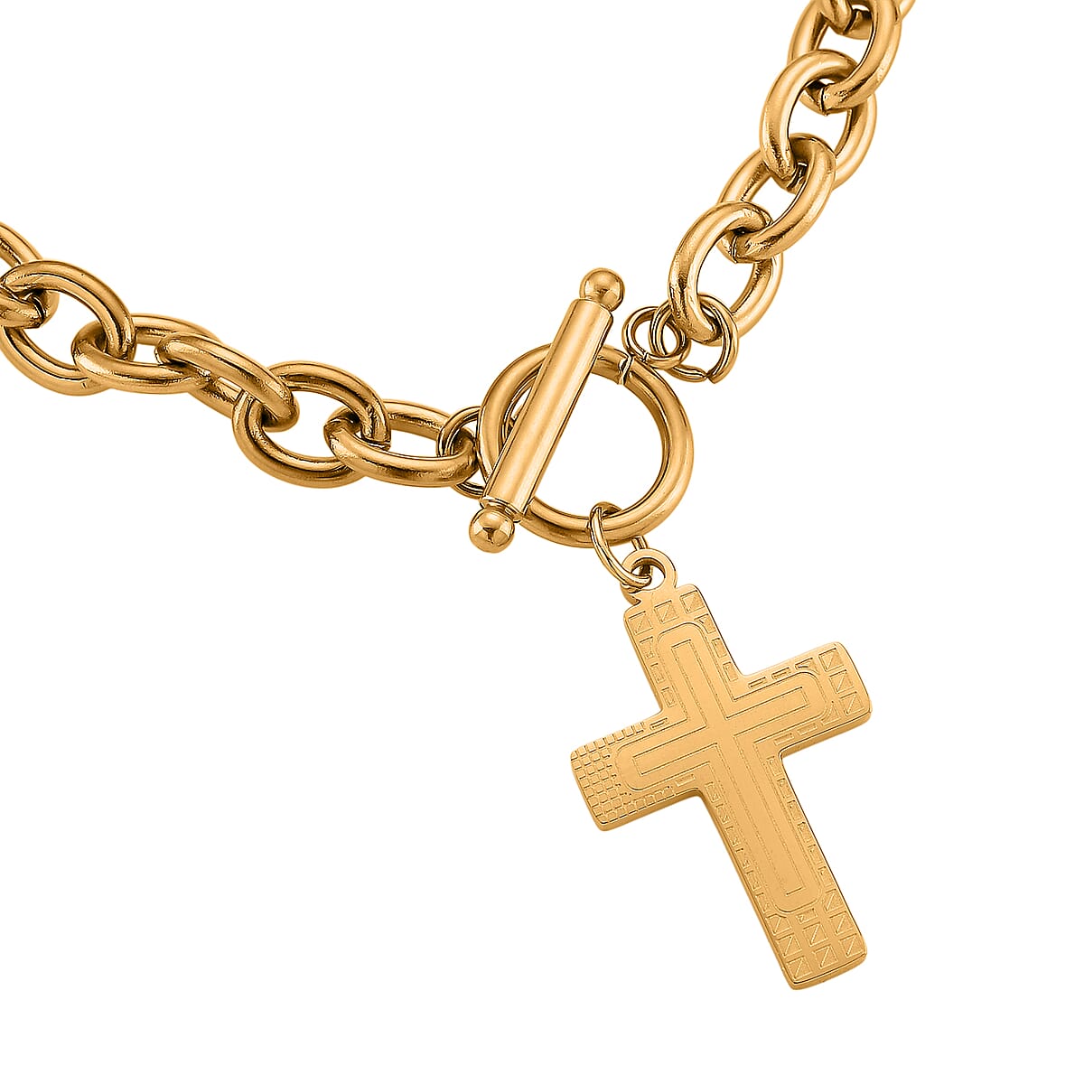 Cross Charm Cable Chain Necklace 24 Inches and Bracelet (8.0In) in ION Plated YG Stainless Steel image number 8