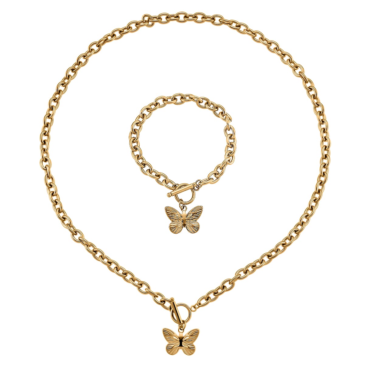 2pcs Set - Beautiful Butterfly Charm Bracelet (8.0In) and Necklace 24 Inches in ION Plated YG Stainless Steel image number 0
