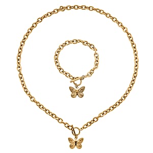 2pcs Set - Beautiful Butterfly Charm Bracelet (8.0In) and Necklace 24 Inches in ION Plated YG Stainless Steel